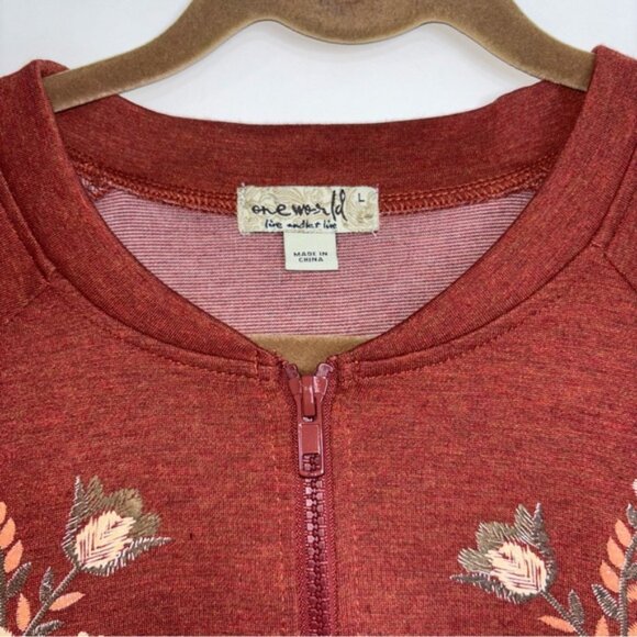 ONE WORLD Womens Large Rust Brick Red Stamped Design Jacket Zip Sweater Autumn - Picture 5 of 8
